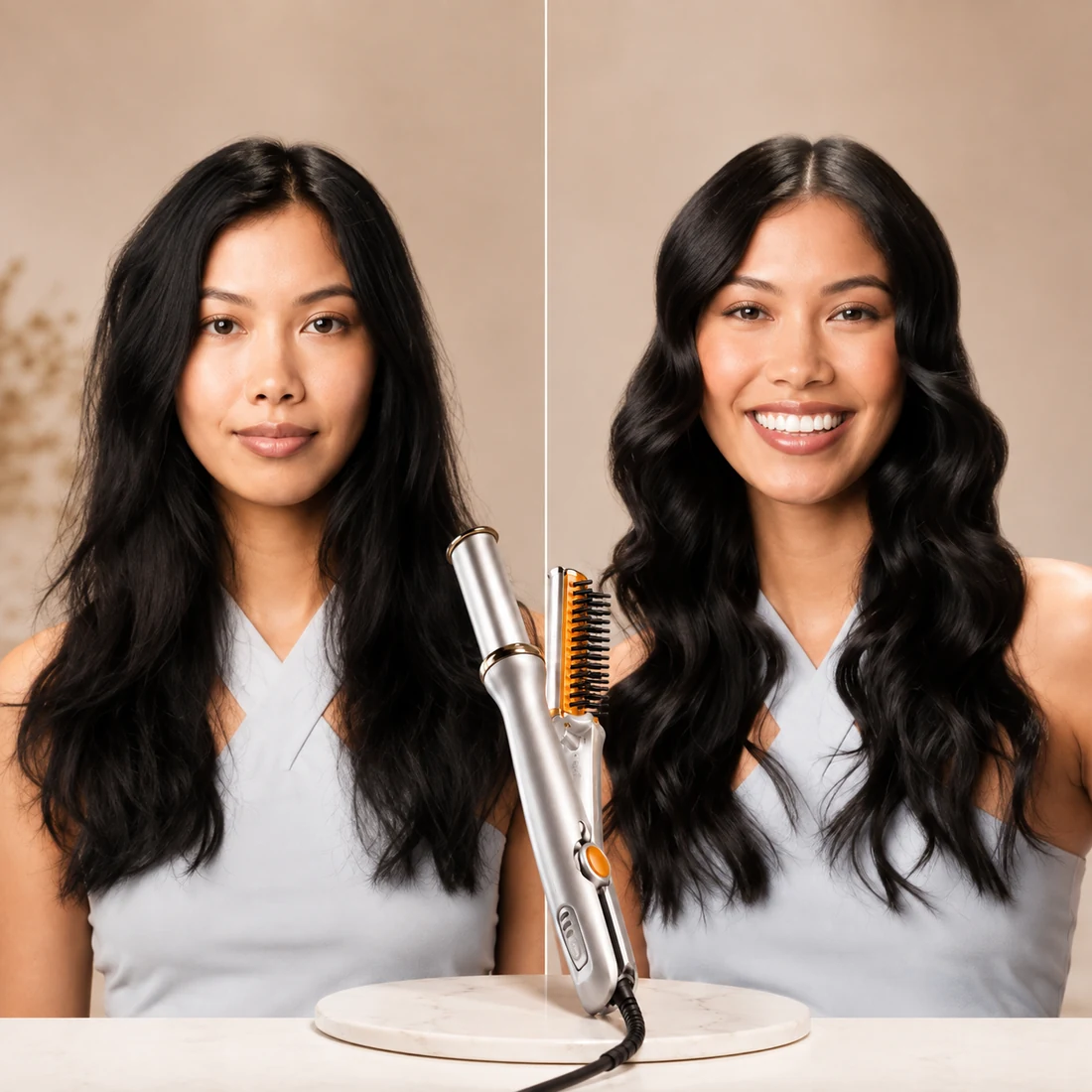 Prima e dopo dello styling su capelli scuri