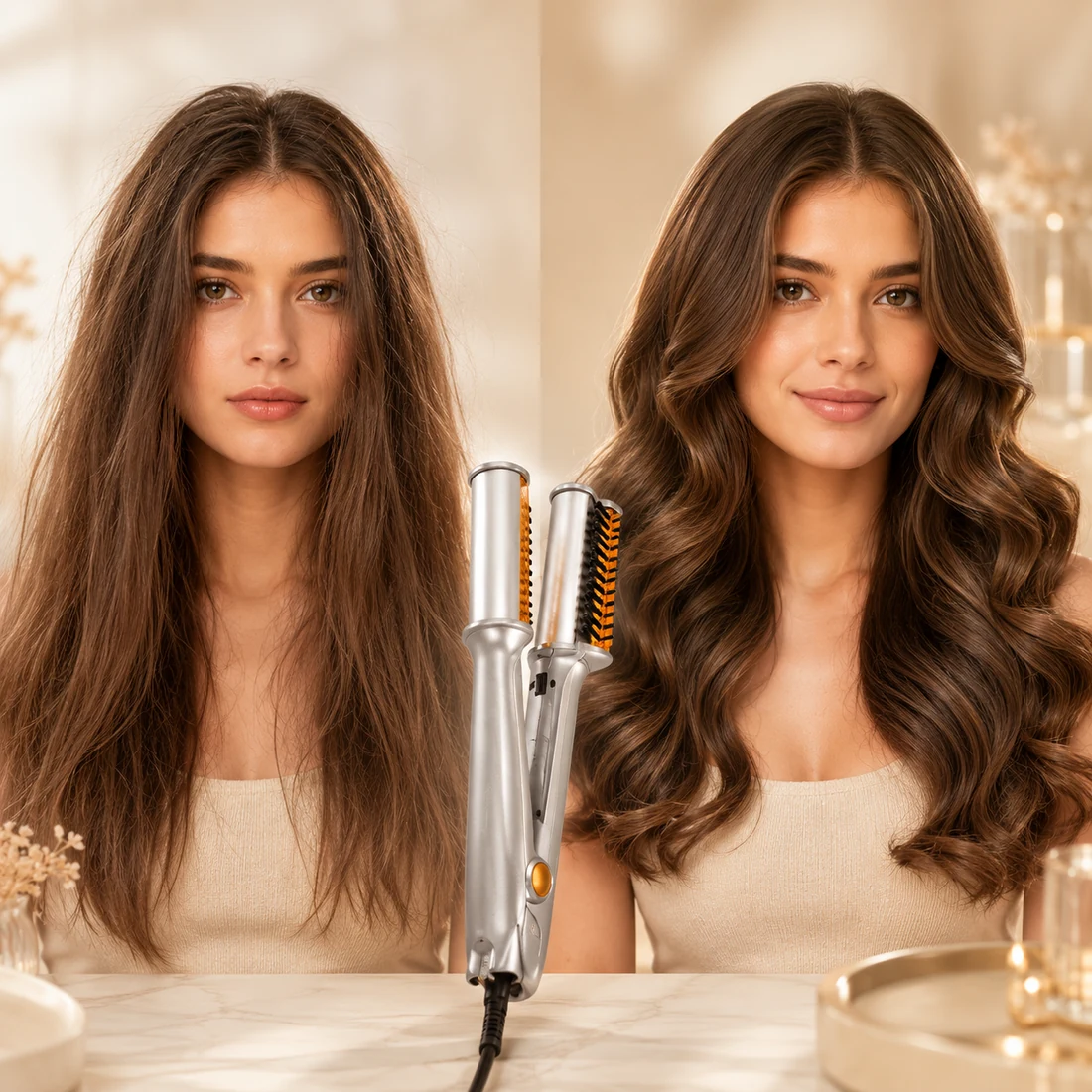 Prima e dopo dello styling su capelli castani
